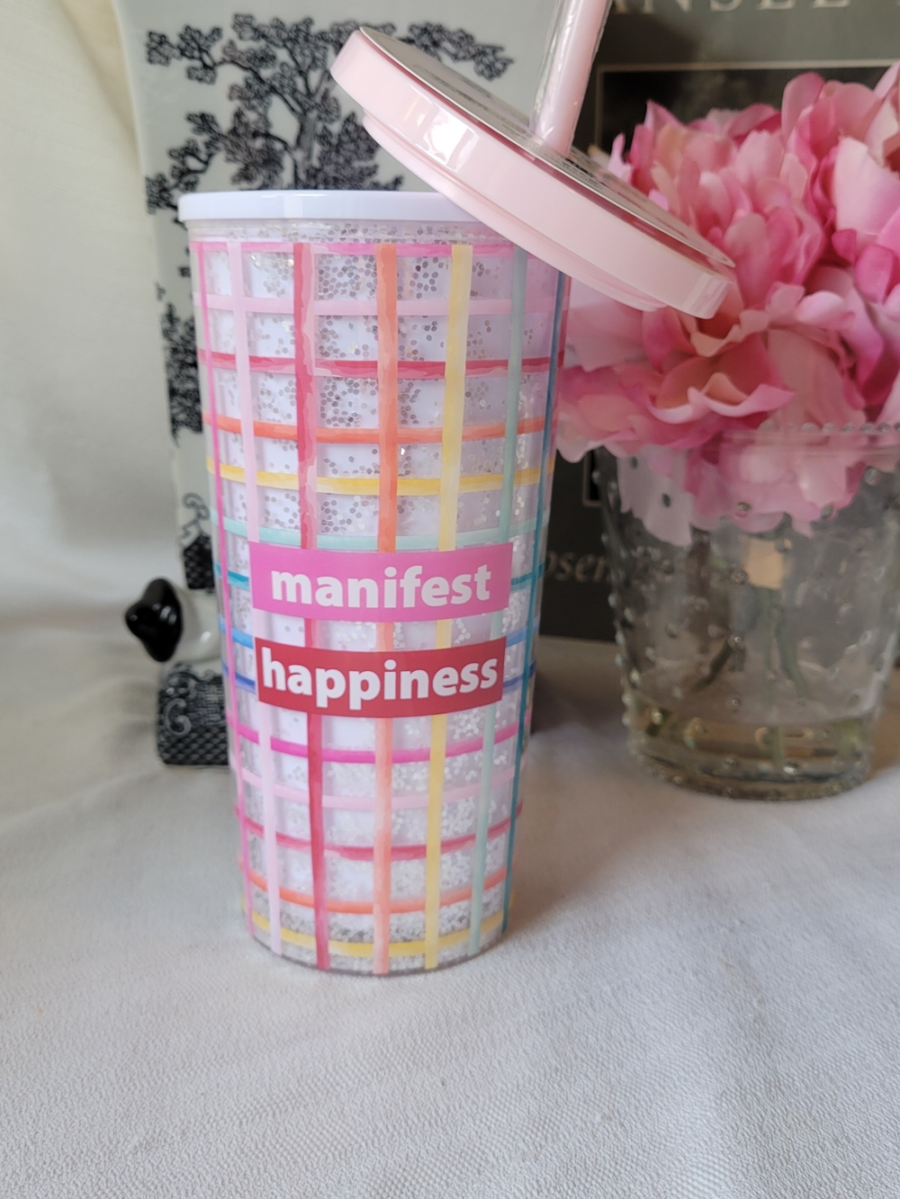 Manifest Happiness Rainbow Plaid Tumbler
